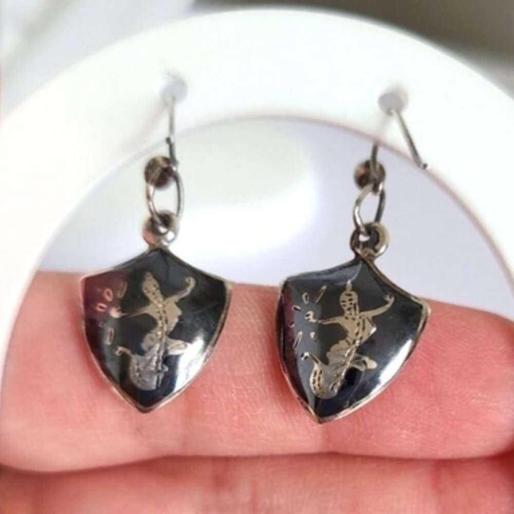 Vintage Boho Native Nielloware Sterling Silver Tribal Drop Dangle Earrings